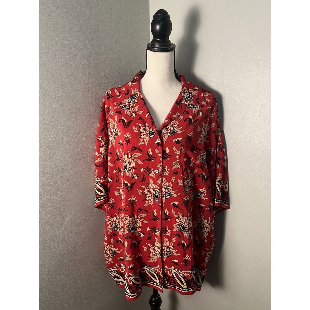 Vintage DKNY Silk Floral Border Print Camp Shirt Red Hong Kong Y2K L *read desc*